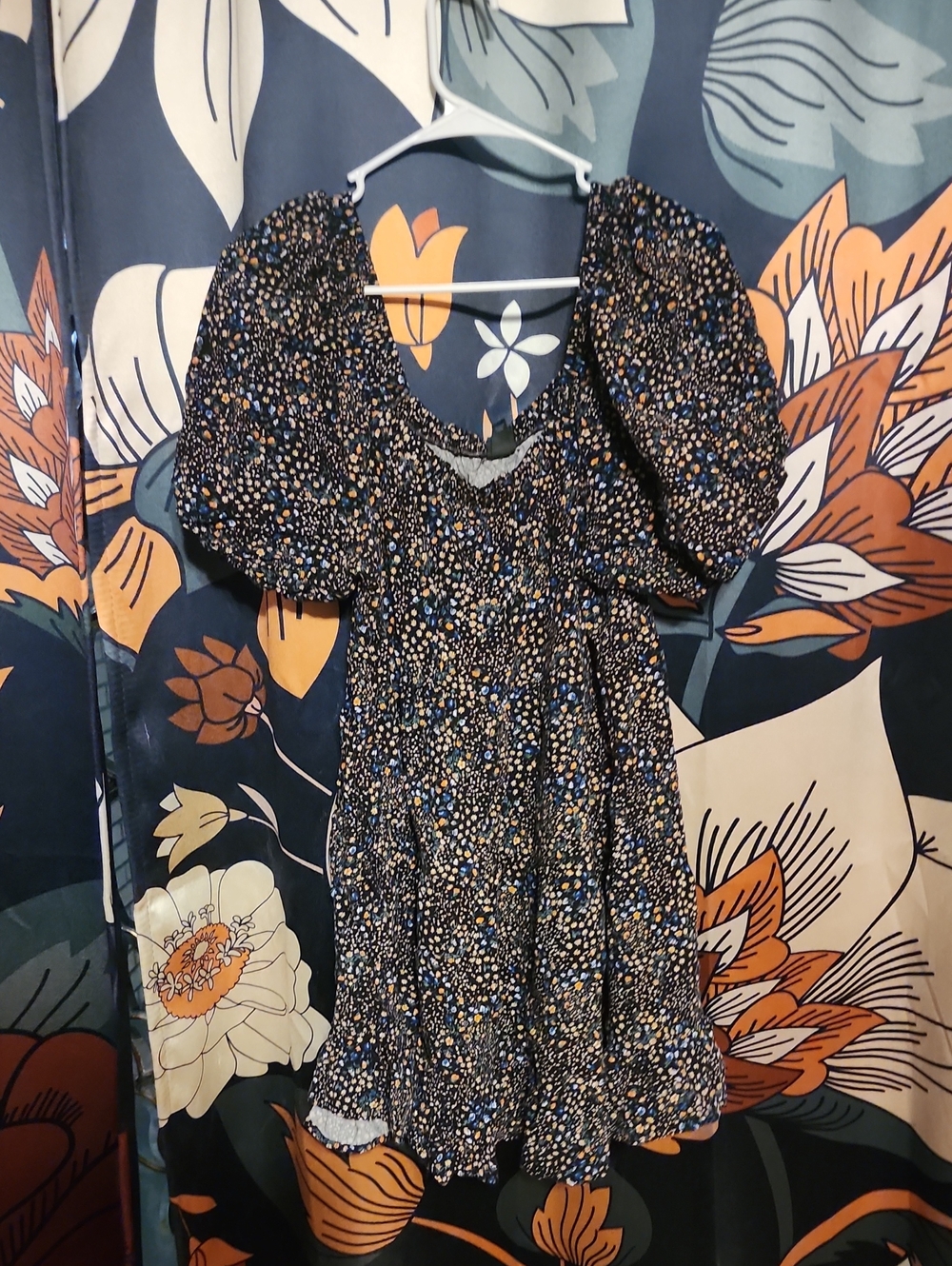 wild fable Navy Floral Puff-Sleeve Mini Dress with Yellow and Blue Accents